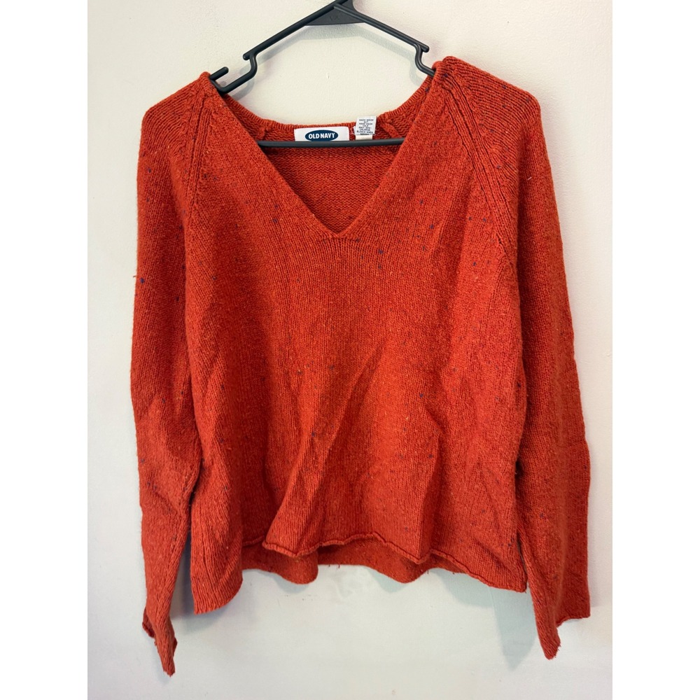 Old Navy Womens XL Rust Orange Wool Blend Speckled V-Neck Raglan Sweater 3095